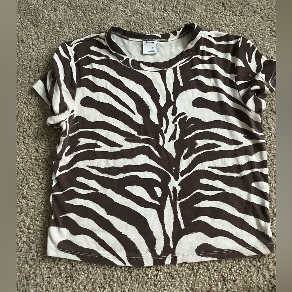 Bershka Brown and White Zebra Print Top Large